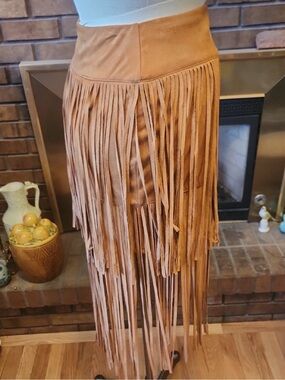 Blue Rain Tan Suede Fringe Maxi Skirt